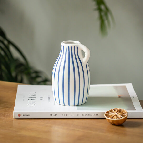 Hand-painted Blue Striped Ceramic Vase - Image 4