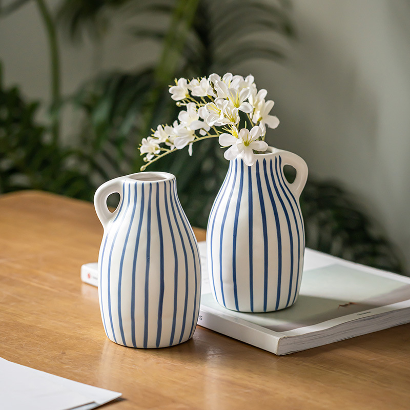 Hand-painted Blue Striped Ceramic Vase