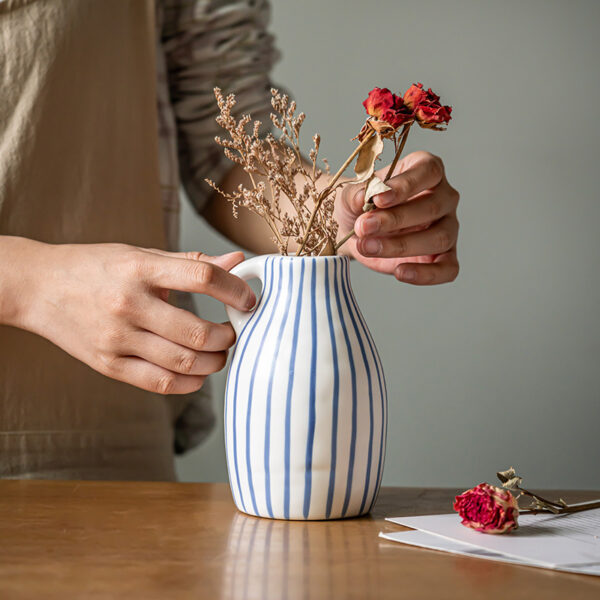 Hand-painted Blue Striped Ceramic Vase - Image 3